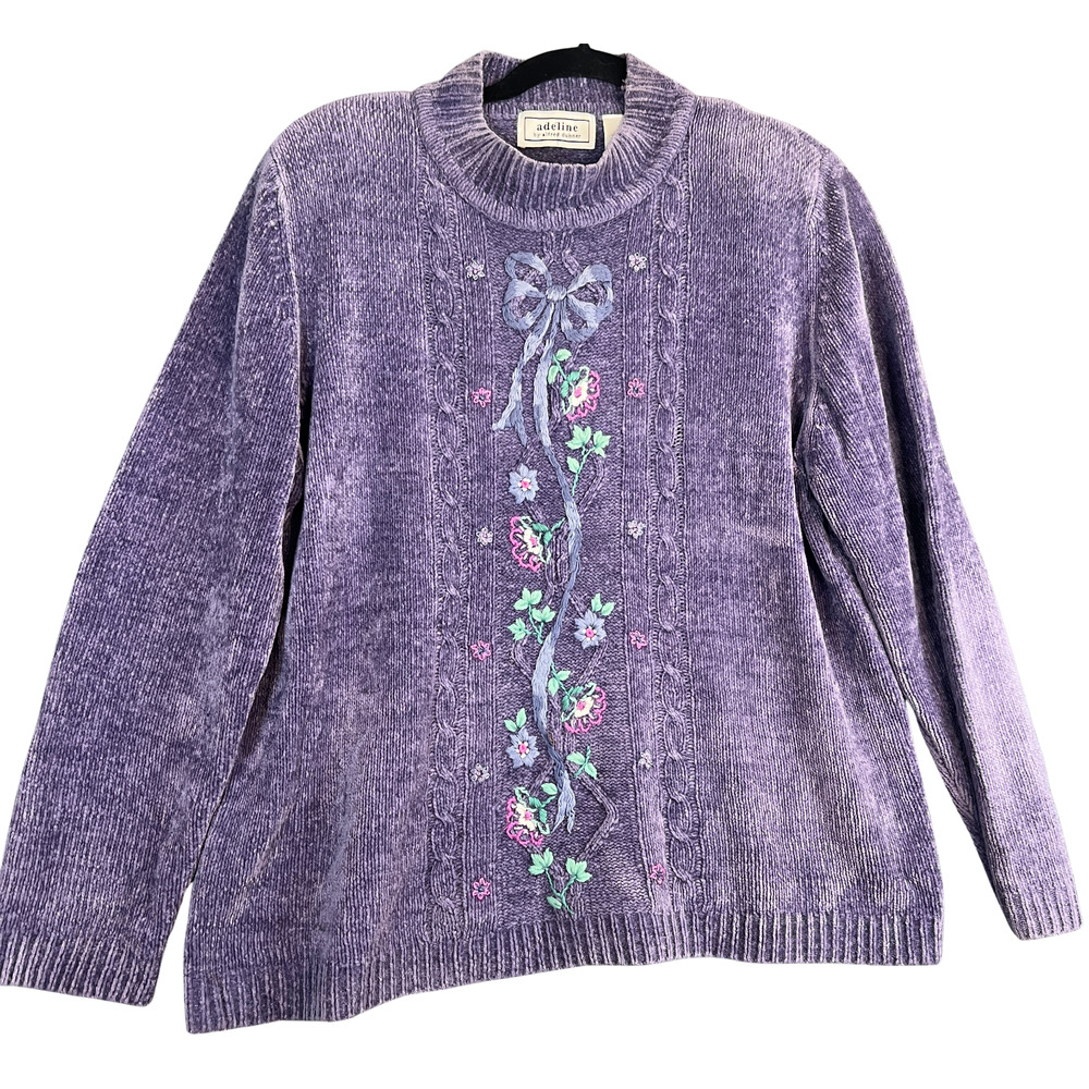 Purple Chenille Embroidered Floral Bow Sweater Alfred Dunner L Cottage Cozy